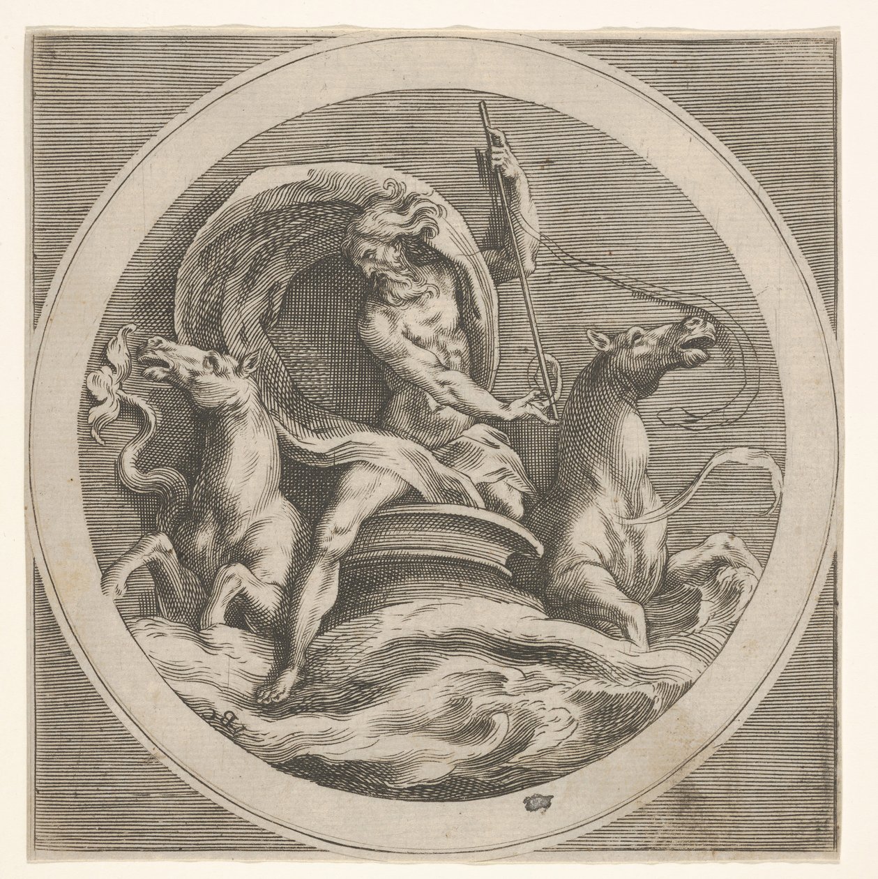 Neptunus stiger upp ur havet och bär en stav, åtföljd av två hästhuvuden ..., ca. 1550-1600. av Unbekannt