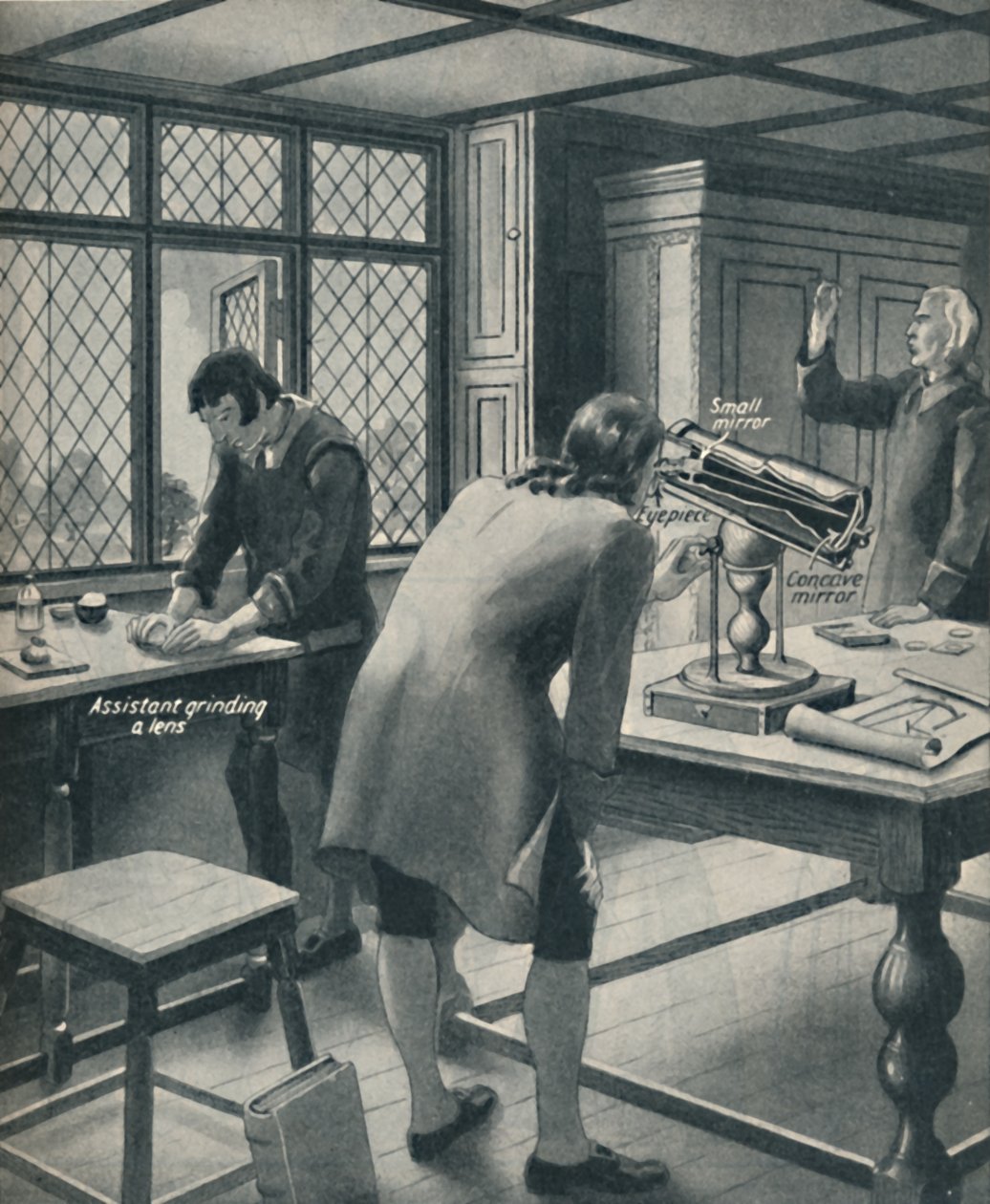 Newton uppfinner ett nytt teleskop, c1934 av Unbekannt
