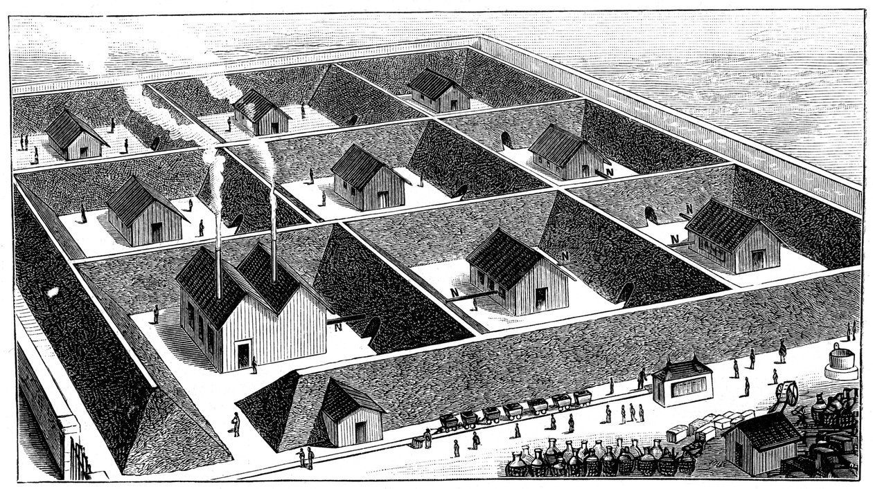 Nitroglycerinbearbetningsanläggning, sprängämnesfabrik, Val Bormida, nära Cengio, Italien, 1888 av Unbekannt