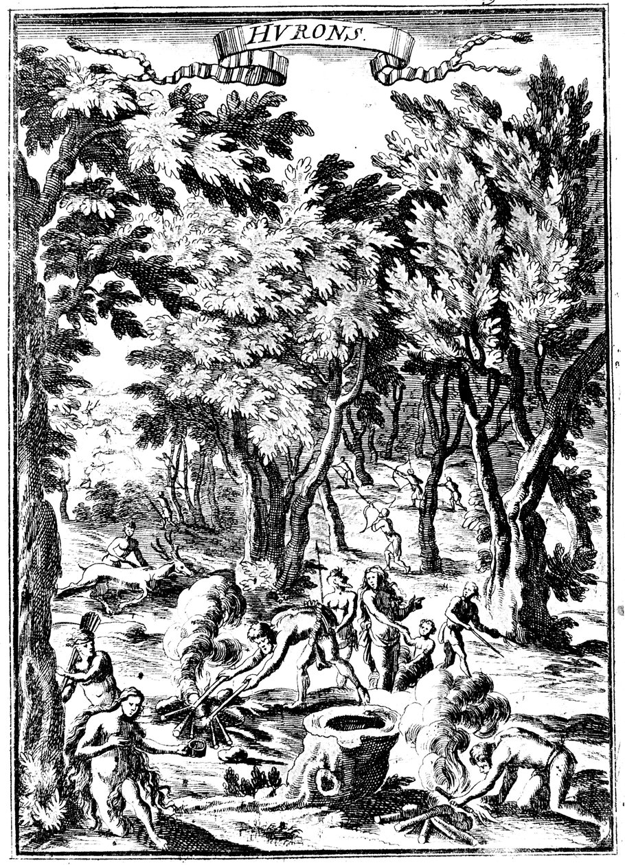 Nordamerikanska Huronindianer som jagar och lagar mat i skogsmark, 1686 av Unbekannt