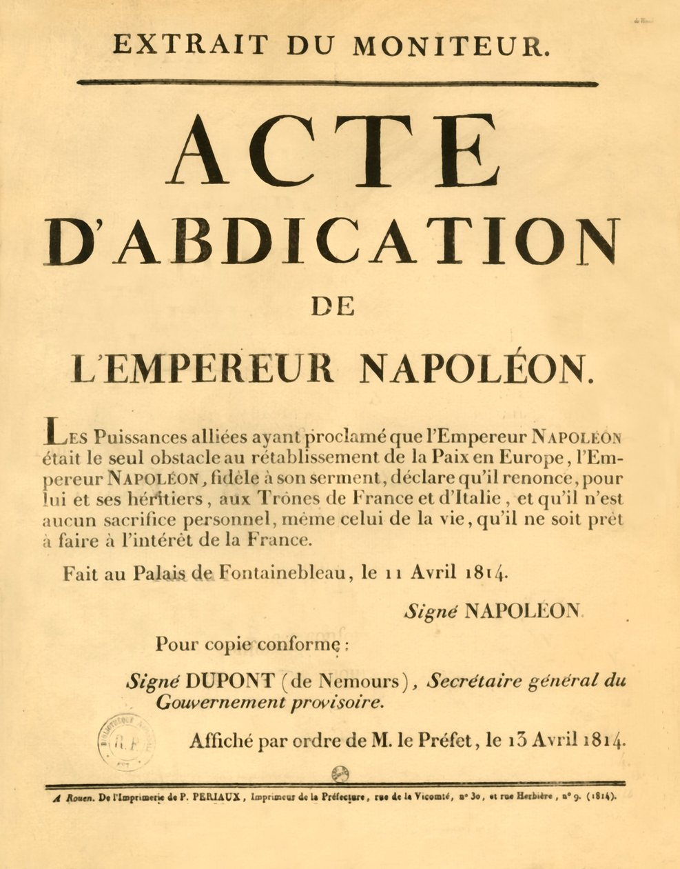 Meddelande om att kejsar Napoleon abdikerade den 11 april 1813, 1921. av Unbekannt