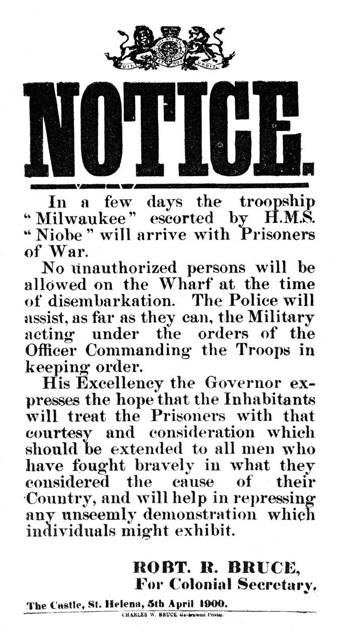 Meddelande om ankomsten av boer krigsfångar till Milwaukee, St Helena, 5 april 1900 av Unbekannt