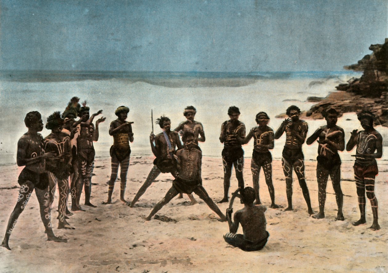 Nya Guinea. Dance of the Barioles Papuans, Papua Nya Guinea. Papuansk stamdans, 1900. av Unbekannt