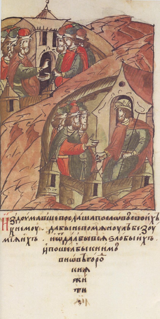Novgorod veche. Novgorodianerna bjöd in Jaroslav II Vsevolodovich att regera över dem. Från Illu av Unbekannt