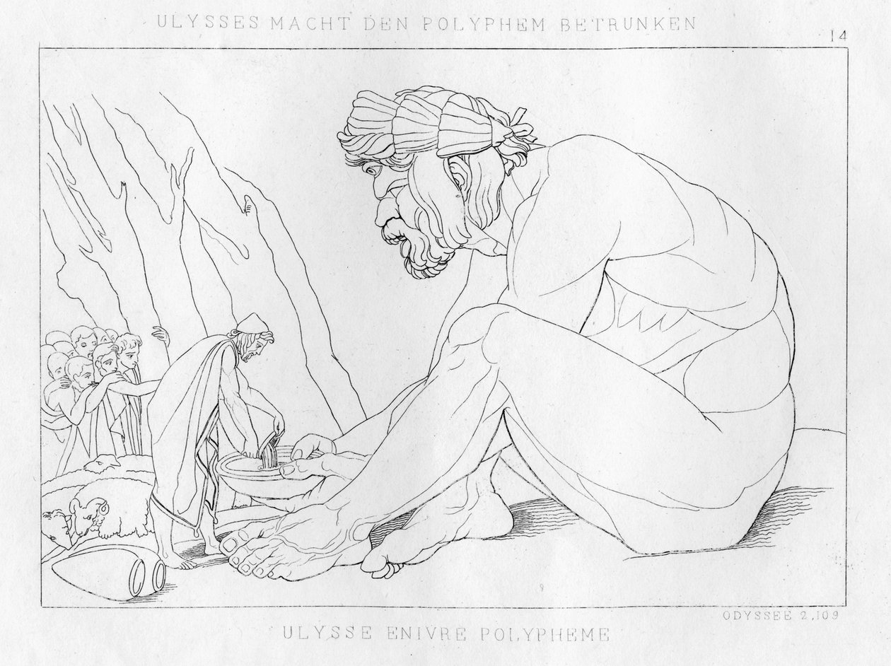 Odysseus dricker med Polyfemos, cyklopen, c1833 av Unbekannt