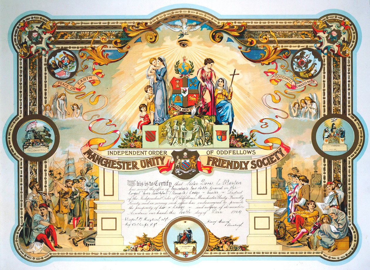 Kontorinnehavares certifikat från Female Lodge of the Manchester Unity Friendly Society, 1929 av Unbekannt