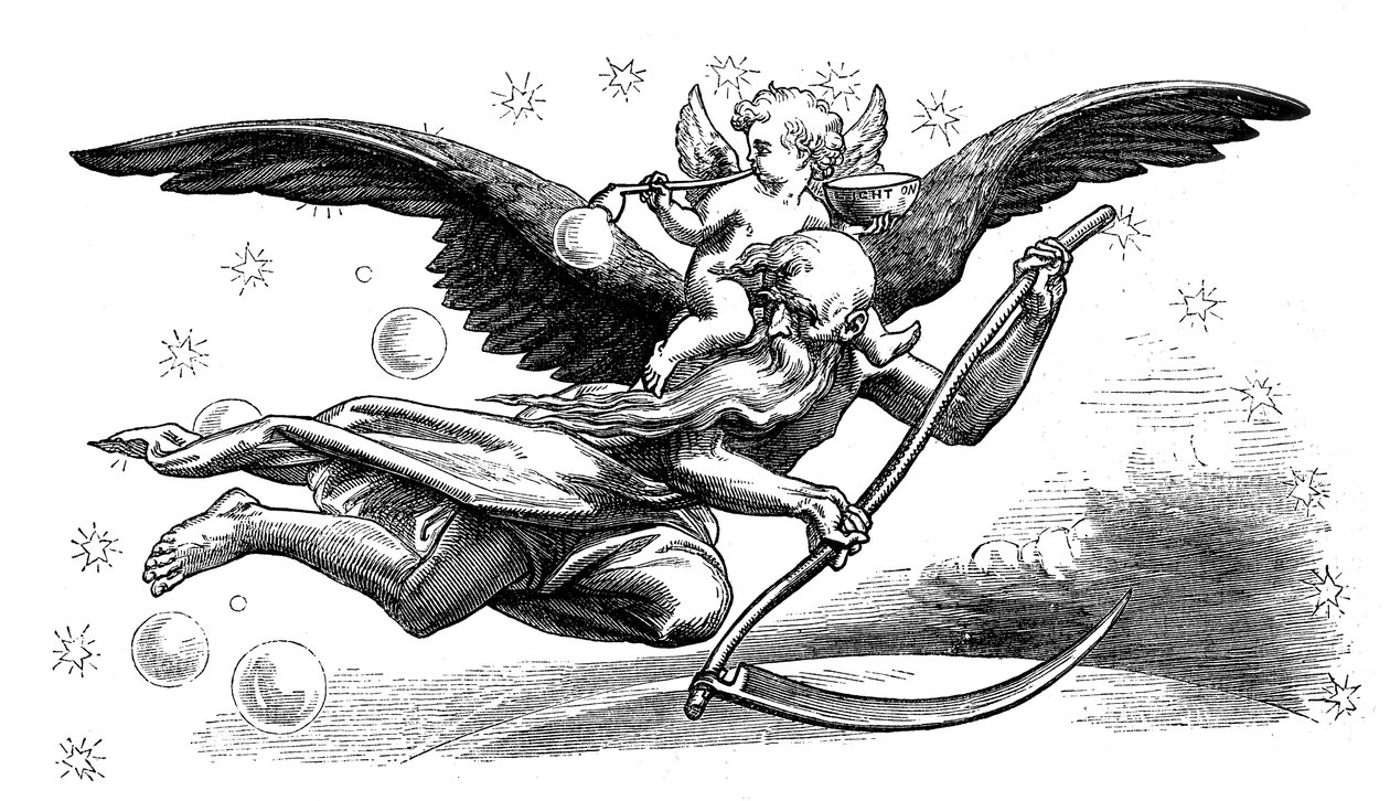 Old Father Time med sin lie, bärande på det nya året, 1870 av Unbekannt