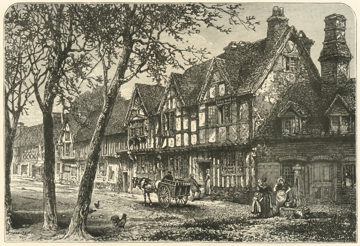 Gamla hus under Warwick Castle, 1898. av Unbekannt