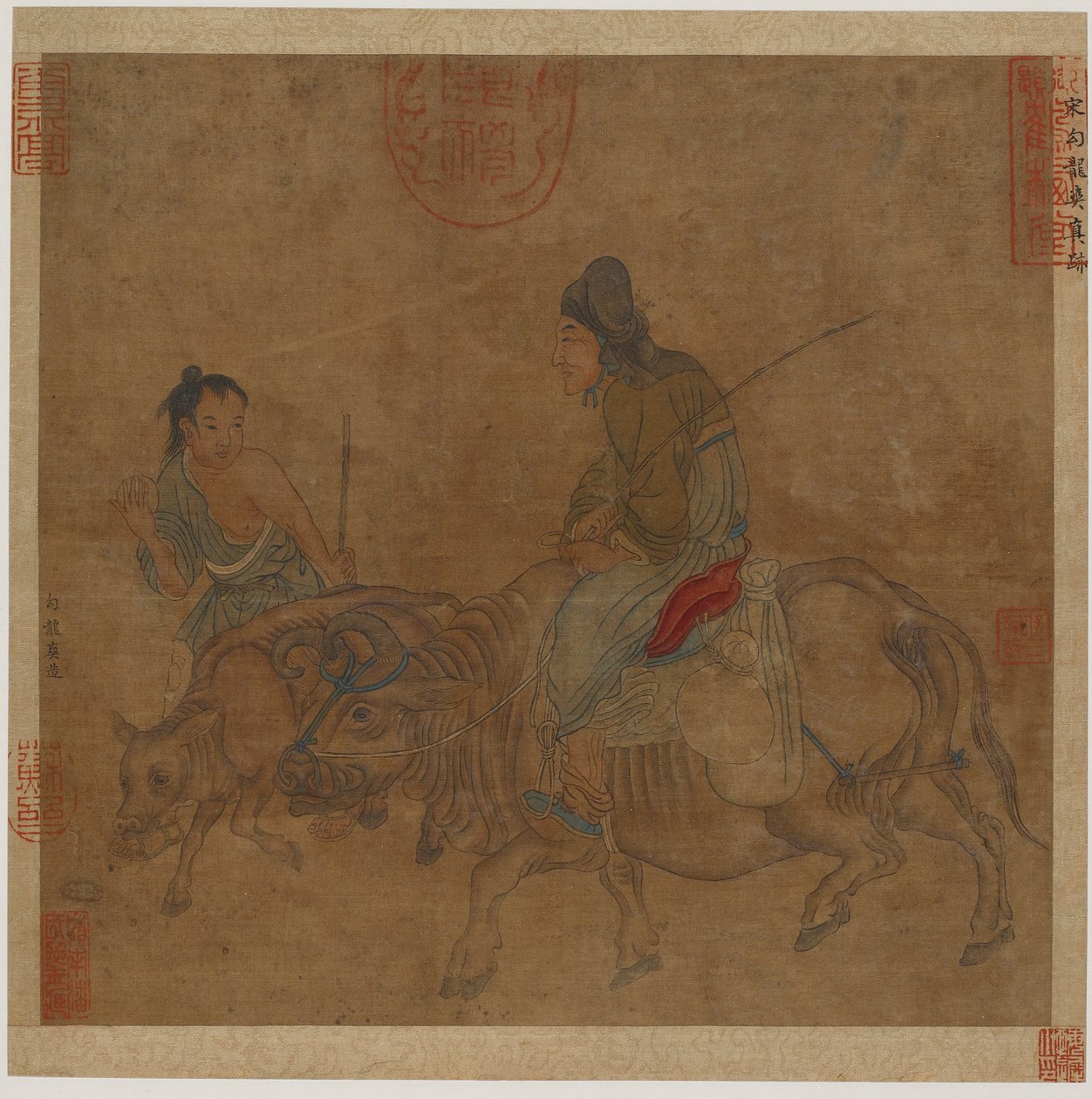 Gammal kvinna på oxe, med flockpojke och kalv, möjligen Mingdynastin, 1368-1644. av Unbekannt