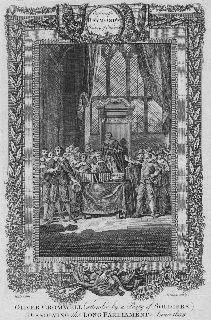 Oliver Cromwell besöktes av en stad av soldater som upplöser det långa parlamentet. Anno 1653, c1787 av Unbekannt