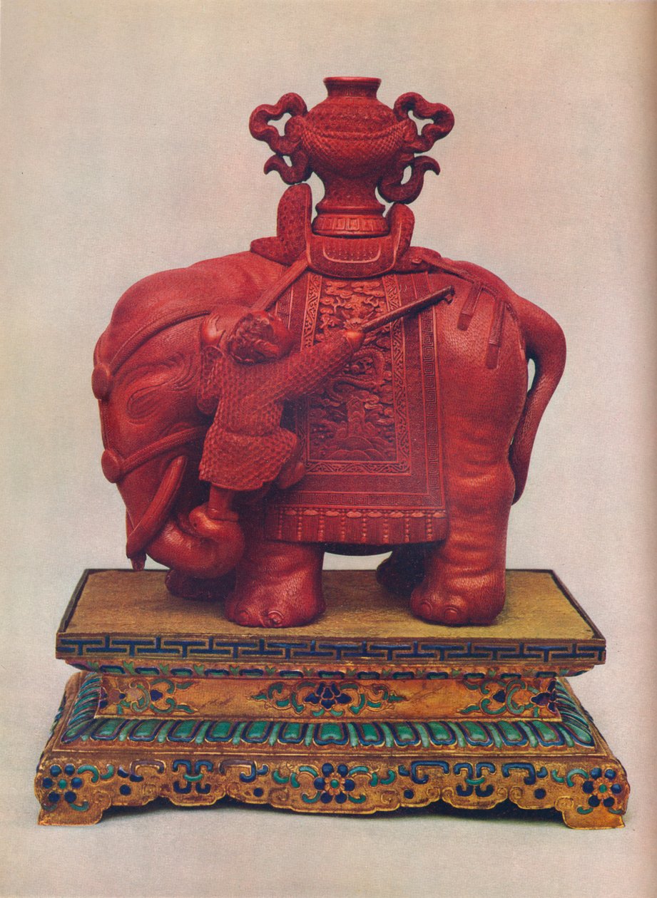 En av ett par snidade elefanter i röd lack, kinesiska, Qianlong Period, c1765 av Unbekannt
