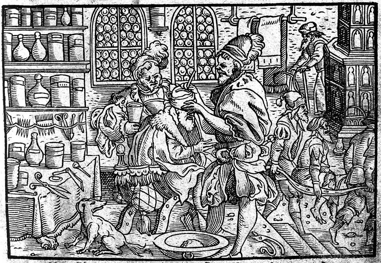 Operation på en mans huvud. Ur: Den stora sårmedicinen av Theophrastus Bombastus von Hohenheim, 1562 av Unbekannt