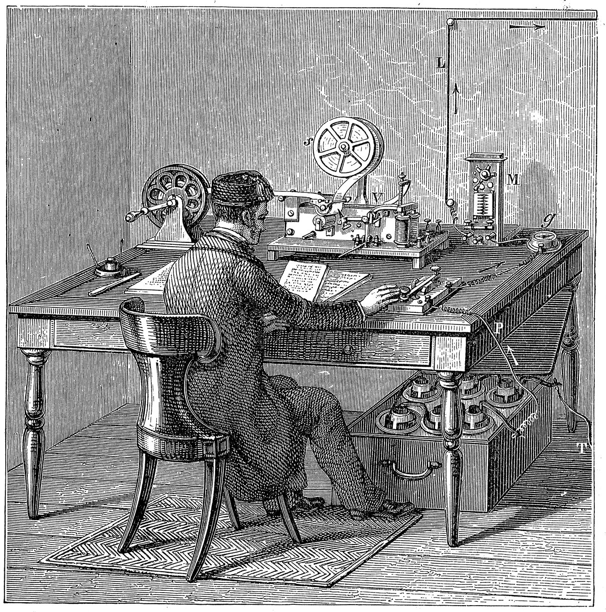Operatör som skickar ett meddelande på en Morse-elektrisk trycktelegraf, 1887 av Unbekannt