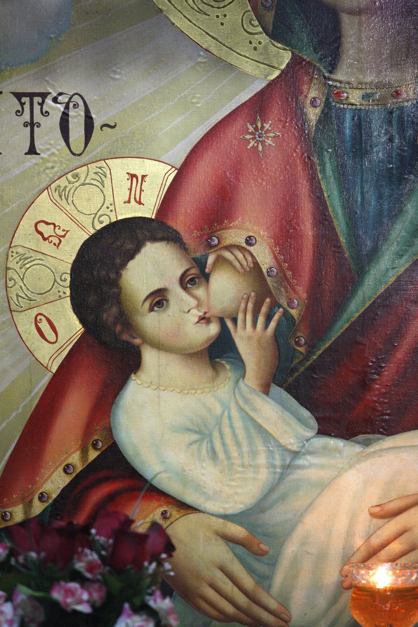 Ortodox ikon i Saint Gerasimos klosterkyrka: Jesus ammade av sin mor, Israel av Unbekannt
