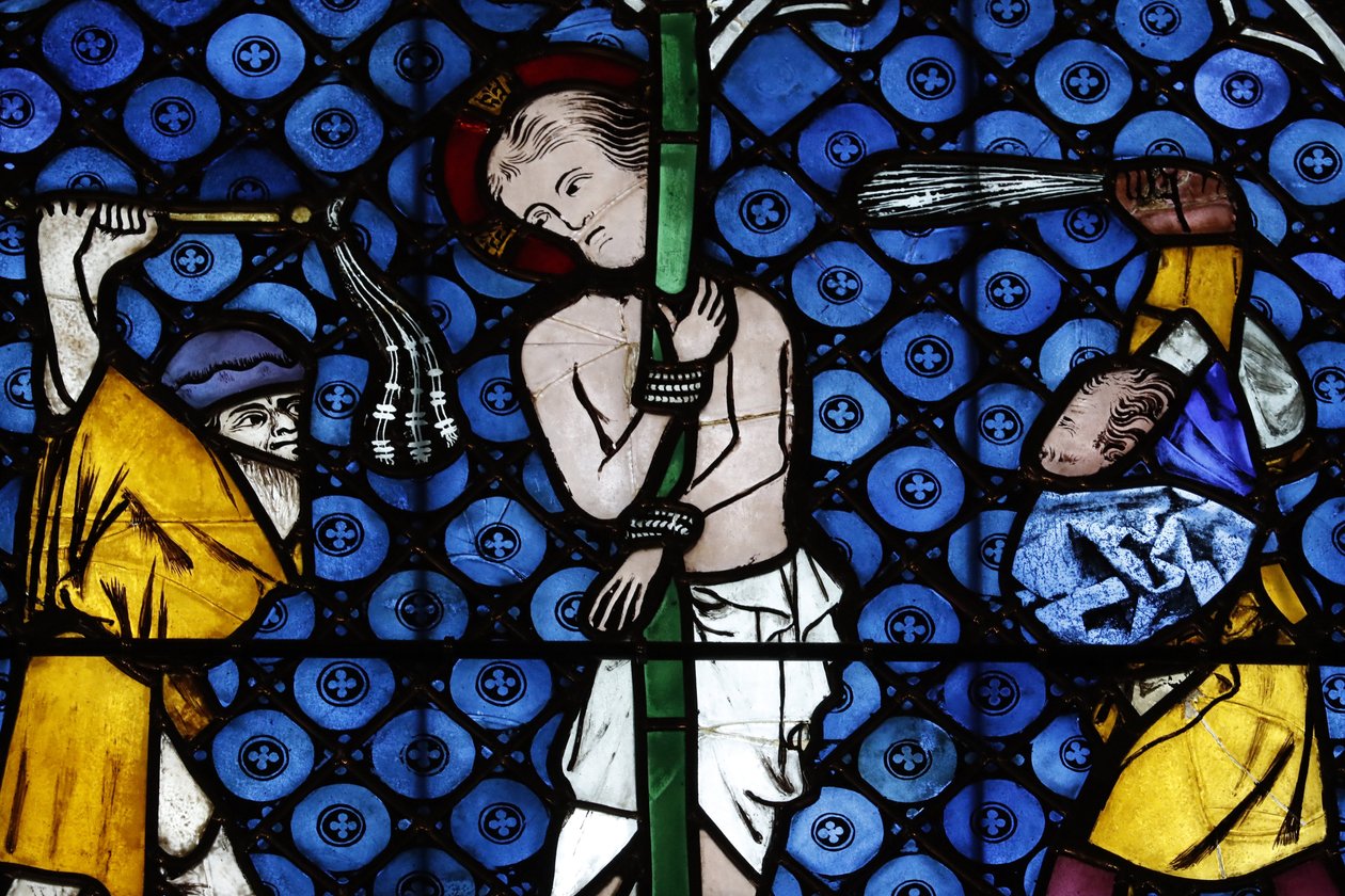 Vår Fru av Strasbourgs katedral. Fönster i målat glas. Kristus i sin passion. Flagelleringen. 1300-talet. Strasbourg. Frankrike. av Unbekannt