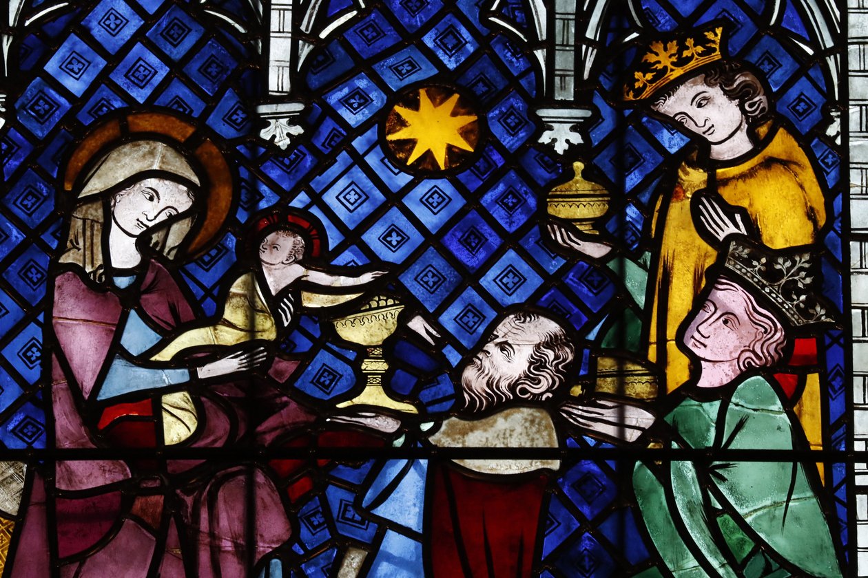 Vår Fru av Strasbourgs katedral. Fönster i målat glas. Nativiteten. Tillbedjan av Magi. 1300-talet. Strasbourg. Frankrike. av Unbekannt