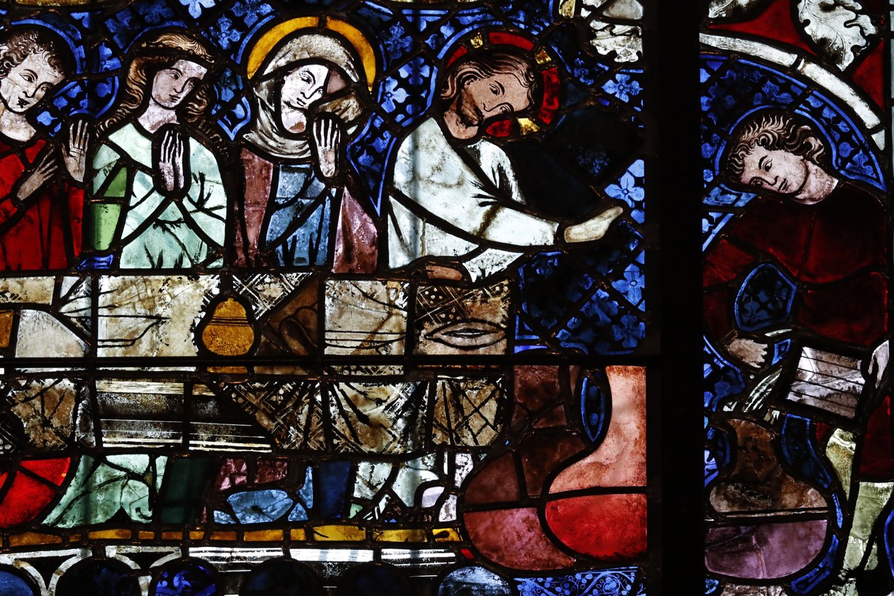 Vår Fru av Strasbourgs katedral. Fönster i målat glas. Förvandlingen av vatten till vin vid bröllopet i Kana. 1300-talet. Strasbourg. Frankrike. av Unbekannt