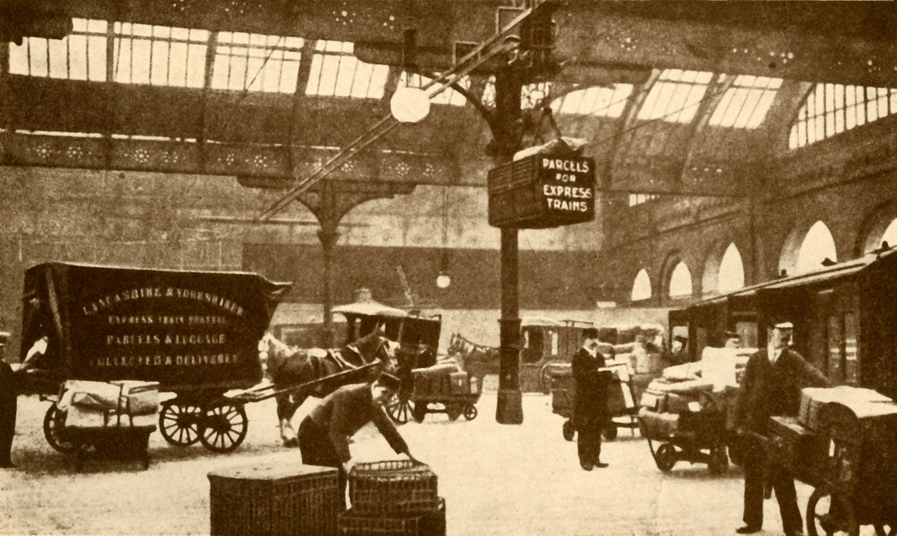 Overhead elektrisk paketbärare, Victoria Station, Manchester, 1930. av Unbekannt