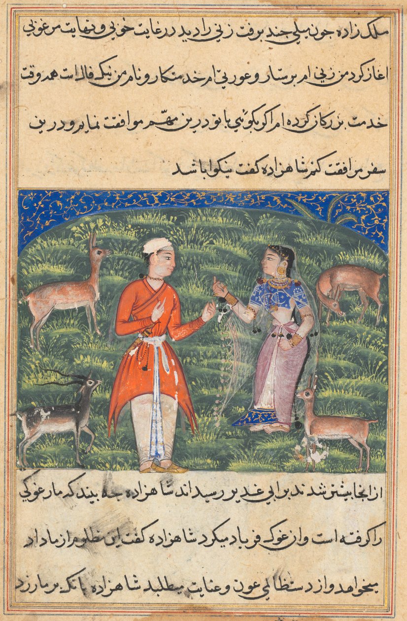 Sida från Tales of a Parrot Tuti-nama: Artonde natten: Nikfal, förmögenheten..., ca. 1560. av Unbekannt