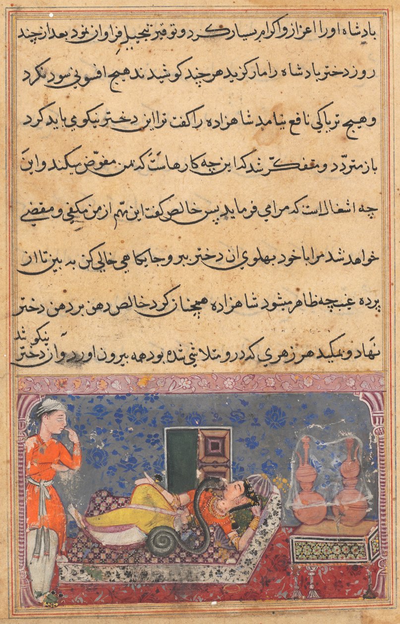Sida från Tales of a Papegoja Tuti-nama: Artonde natten: Khalis betalar tillbaka..., ca. 1560. av Unbekannt