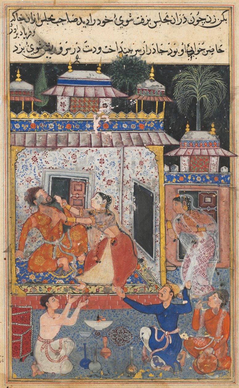 Sida från Tales of a Parrot Tuti-nama: Åttonde natten: Den bedrägliga frun överfaller, ca. 1560. av Unbekannt