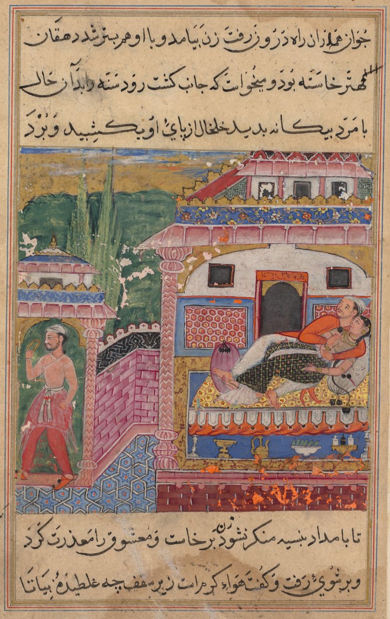 Sida från Tales of a Papegoja Tuti-nama: Åttonde natten: Den bedrägliga hustrun övertalar..., 1558-1560. av Unbekannt