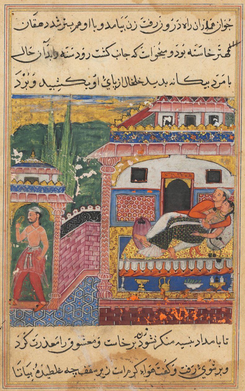 Sida från Tales of a Papegoja Tuti-nama: Åttonde natten: Bonden, far till sonen..., 1558-1560. av Unbekannt