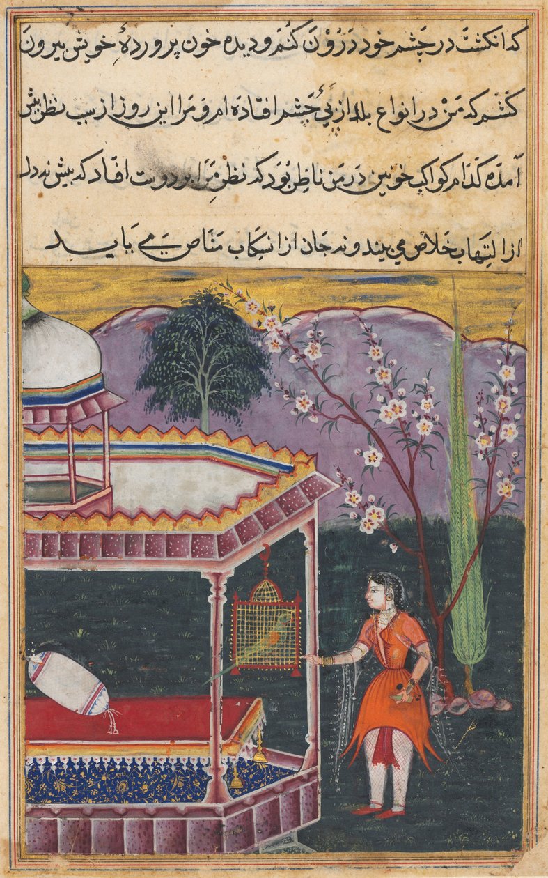 Sida från Tales of a Papegoja Tuti-nama: Åttonde natten: Papegojan tilltalar Khujasta..., 1558-1560. av Unbekannt