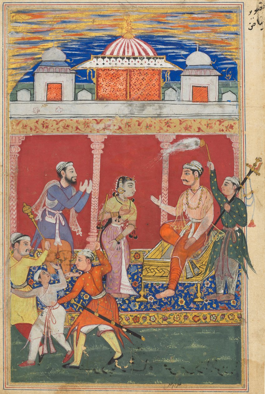 Sida från Tales of a Parrot Tuti-nama: Åttonde natten: Prinsarnas prövning fortsätter..., ca. 1560. av Unbekannt
