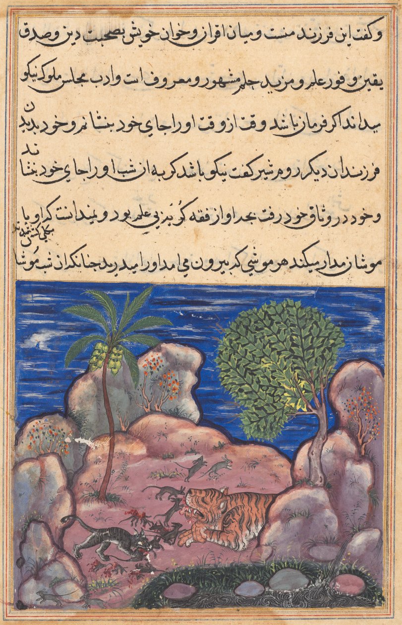 Sida från Tales of a Parrot Tuti-nama: Femtonde natten: Katten attackerar mössen..., 1558-1560. av Unbekannt