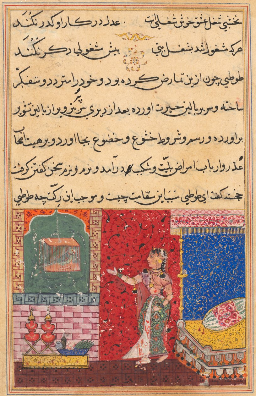 Sida från Tales of a Parrot Tuti-nama: Femtonde natten: Papegojan tilltalar Khujasta..., 1558-156 av Unbekannt