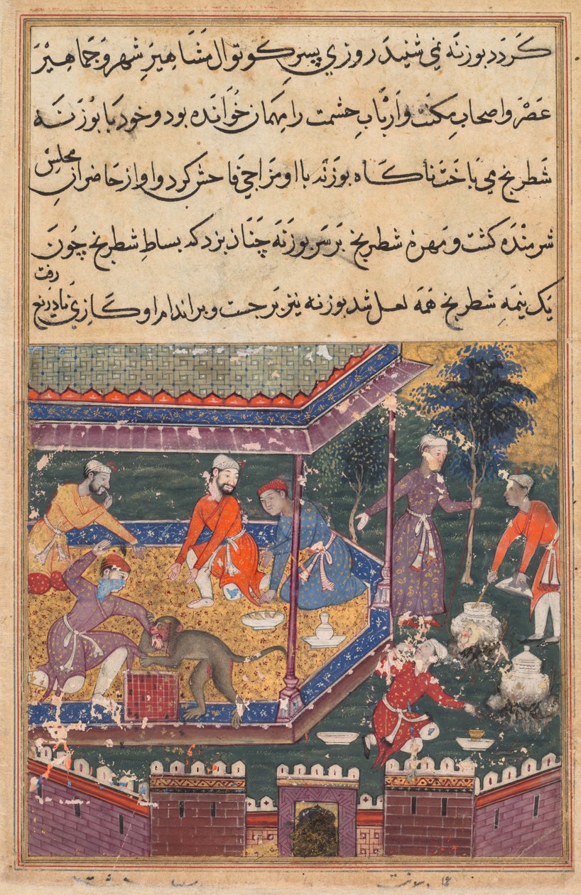 Sida från Tales of a Parrot Tuti-nama: Femte natten: Den sårade apan biter handen., c1560. av Unbekannt