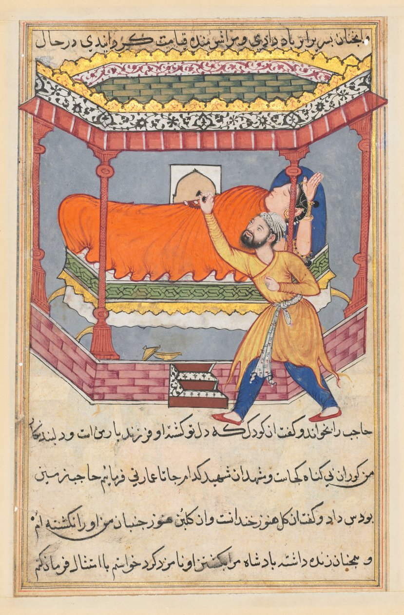 Sida från Tales of a Parrot Tuti-nama: Femtionde natten: Kungen placerar talismanen..., ca. 1560. av Unbekannt