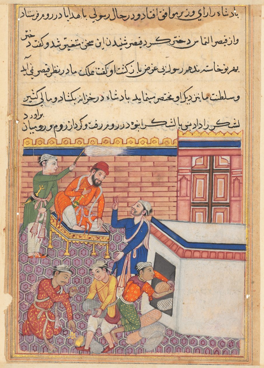 Sida från Tales of a Parrot Tuti-nama: Femtionde natten: Kungens sändebud tillhandahålls..., ca. 1 av Unbekannt