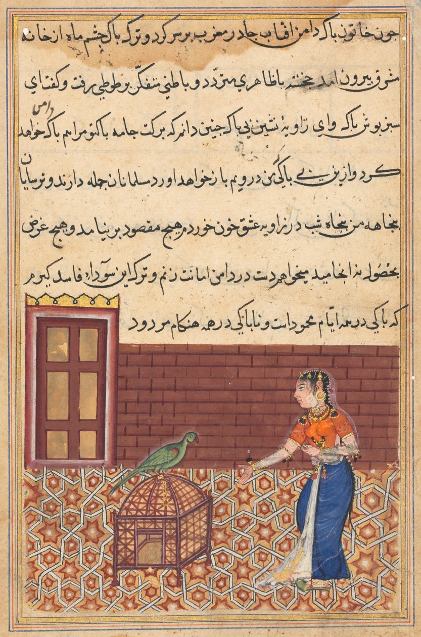 Sida från Tales of a Parrot Tuti-nama: Femtioförsta natten: Papegojan tilltalar Khujasta..., ca. 156 av Unbekannt