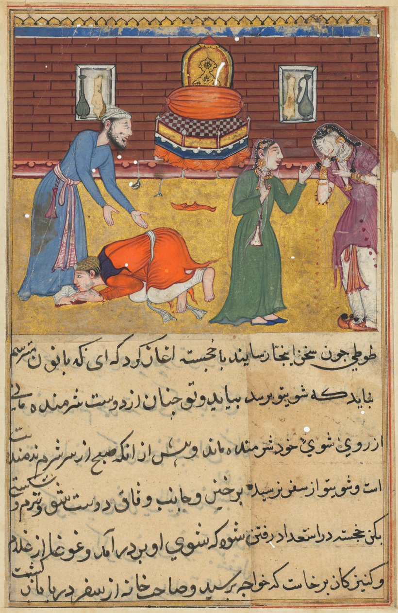 Sida från Tales of a Parrot Tuti-nama: Femtioandra natt: Den fromma mannens son..., ca. 1560. av Unbekannt