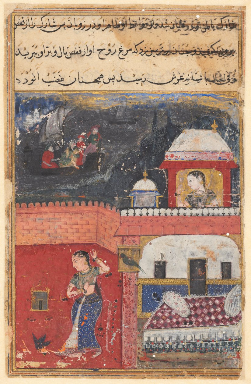 Sida från Tales of a Parrot Tuti-nama: Första natten: Khujasta dödar husdjuret myna..., ca. 1560. av Unbekannt