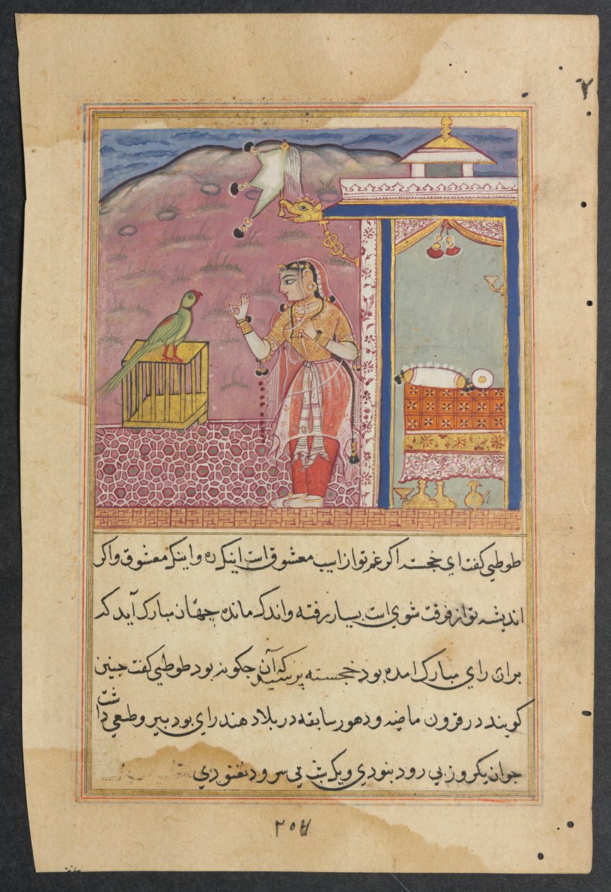 Sida från Tales of a Papegoja Tuti-nama: Fyrtiofjärde natten: Papegojan tilltalar..., ca. 1560. av Unbekannt
