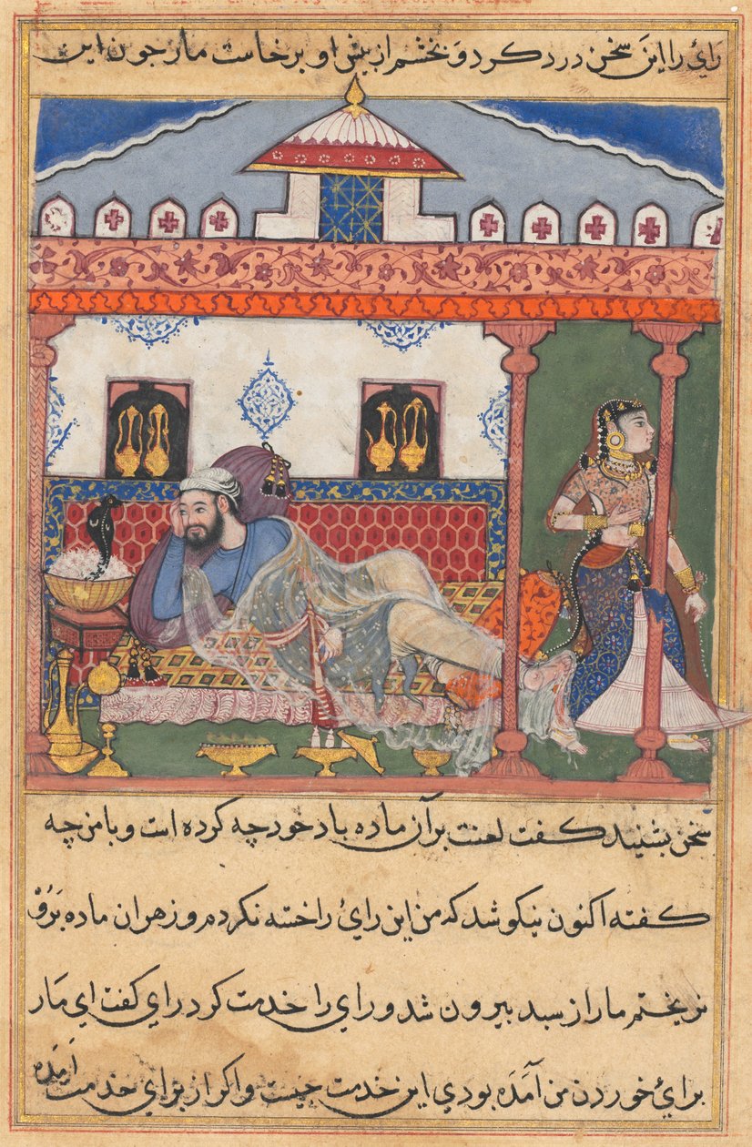 Sida från Tales of a Parrot Tuti-nama: Fyrtiotredje natt: Ormen, gömd i en korg..., ca. 156 av Unbekannt