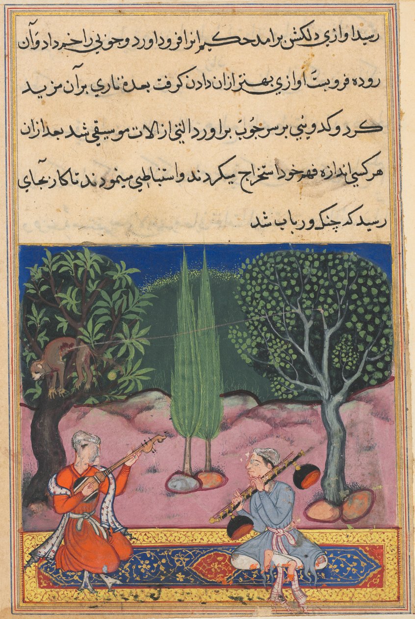 Sida från Tales of a Parrot Tuti-nama: Fjortonde natten: Uppfinningen av musikal..., ca. 1560. av Unbekannt
