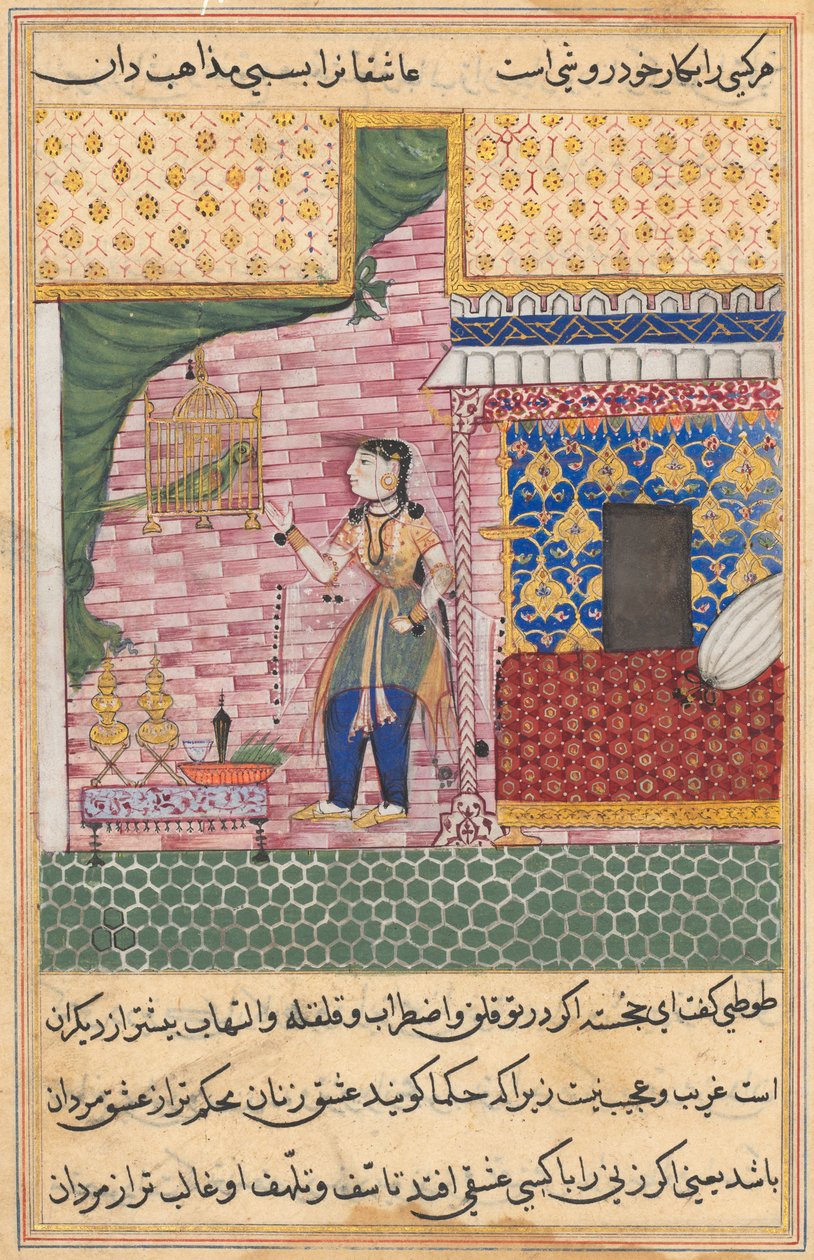 Sida från Tales of a Parrot Tuti-nama: Sjuttonde natten: Papegojan..., ca. 1560. av Unbekannt