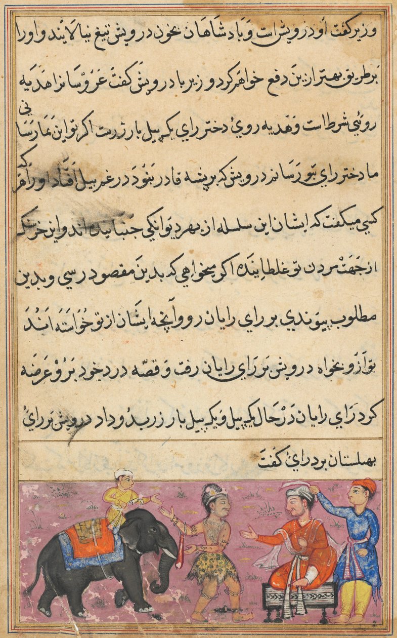 Sida från Tales of a Parrot Tuti-nama: Sjunde natten: Darwishen kommer in som hemgift..., ca. 1560. av Unbekannt