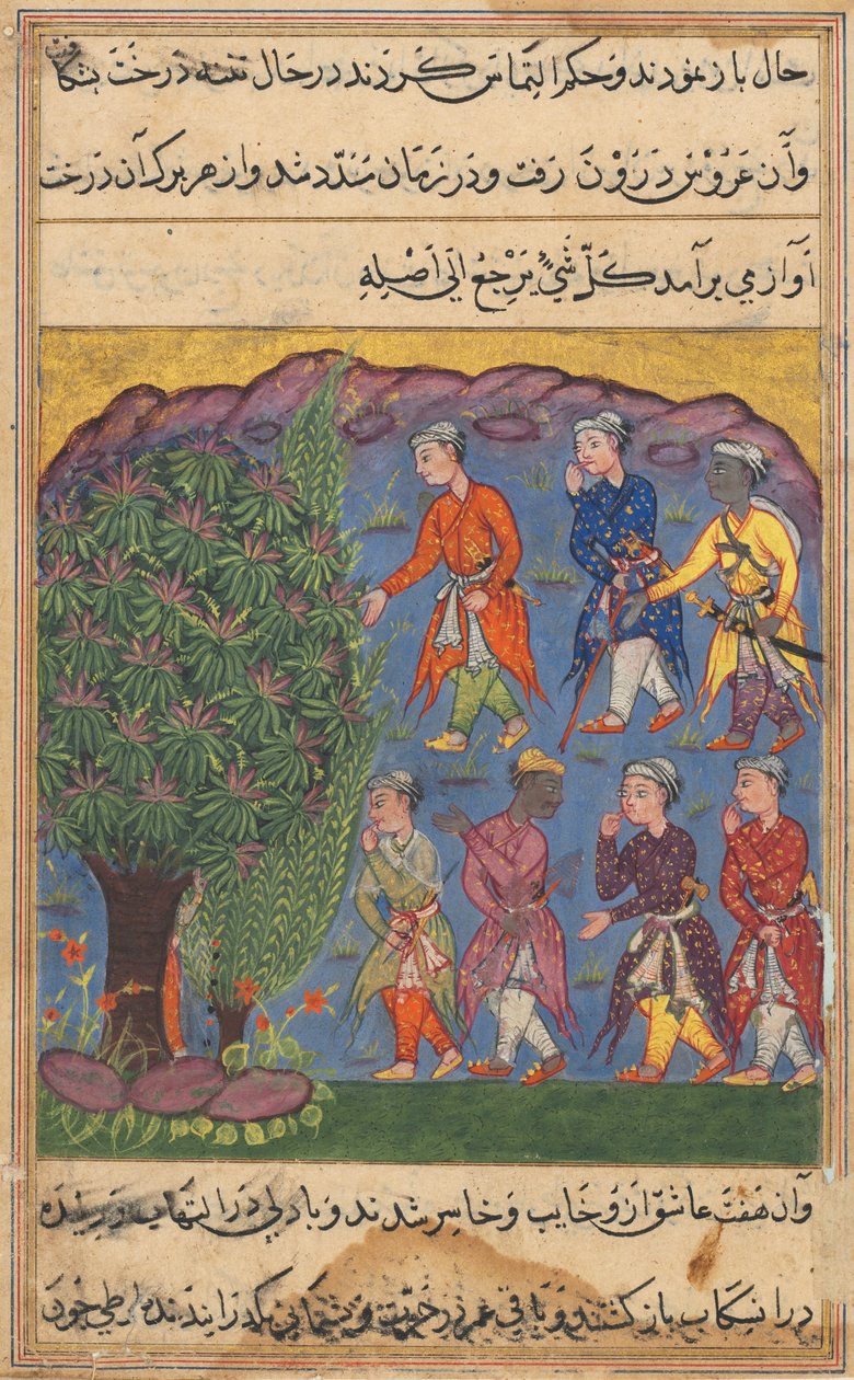 Sida från Tales of a Papegoja Tuti-nama: Sjätte natten: Sju män som bestrider innehav..., ca. 1560. av Unbekannt