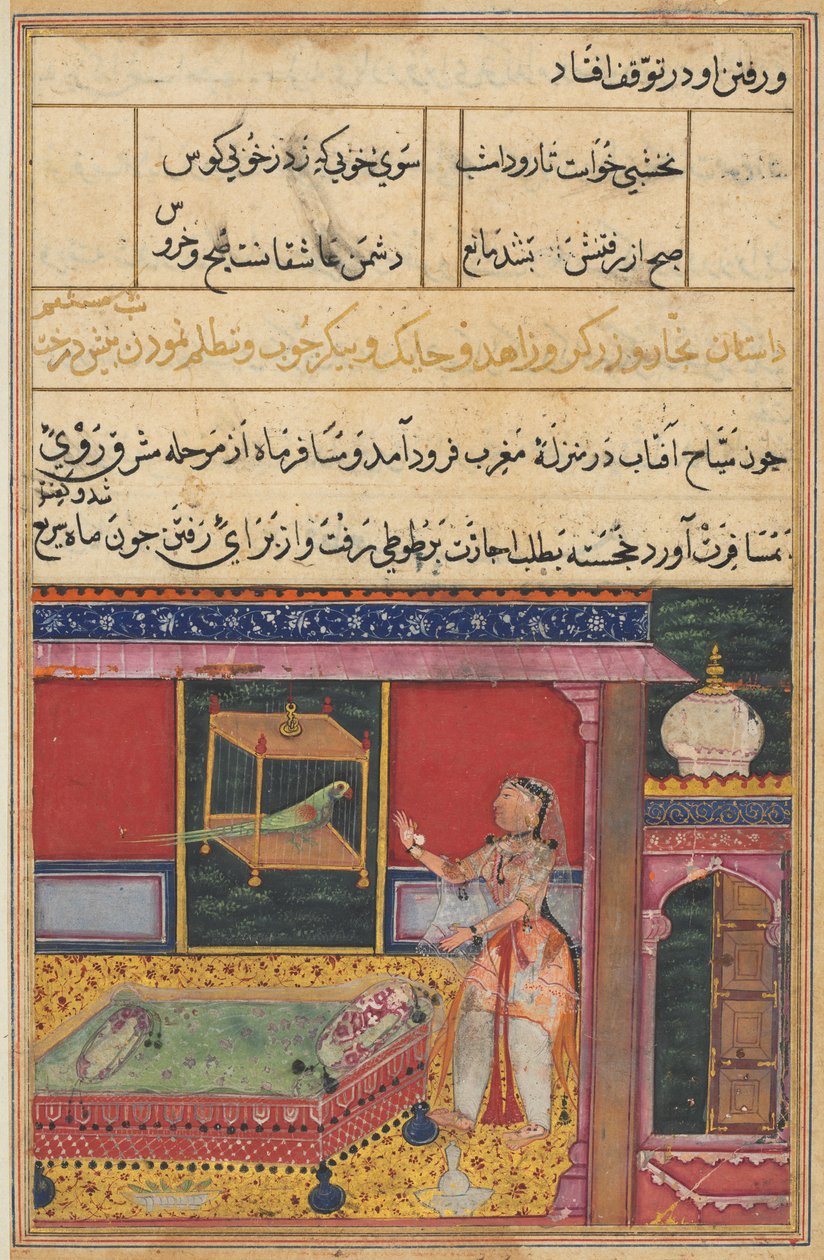 Sida från Tales of a Parrot Tuti-nama: Sjätte natten: Papegojan tilltalar Khujasta..., ca. 1560. av Unbekannt