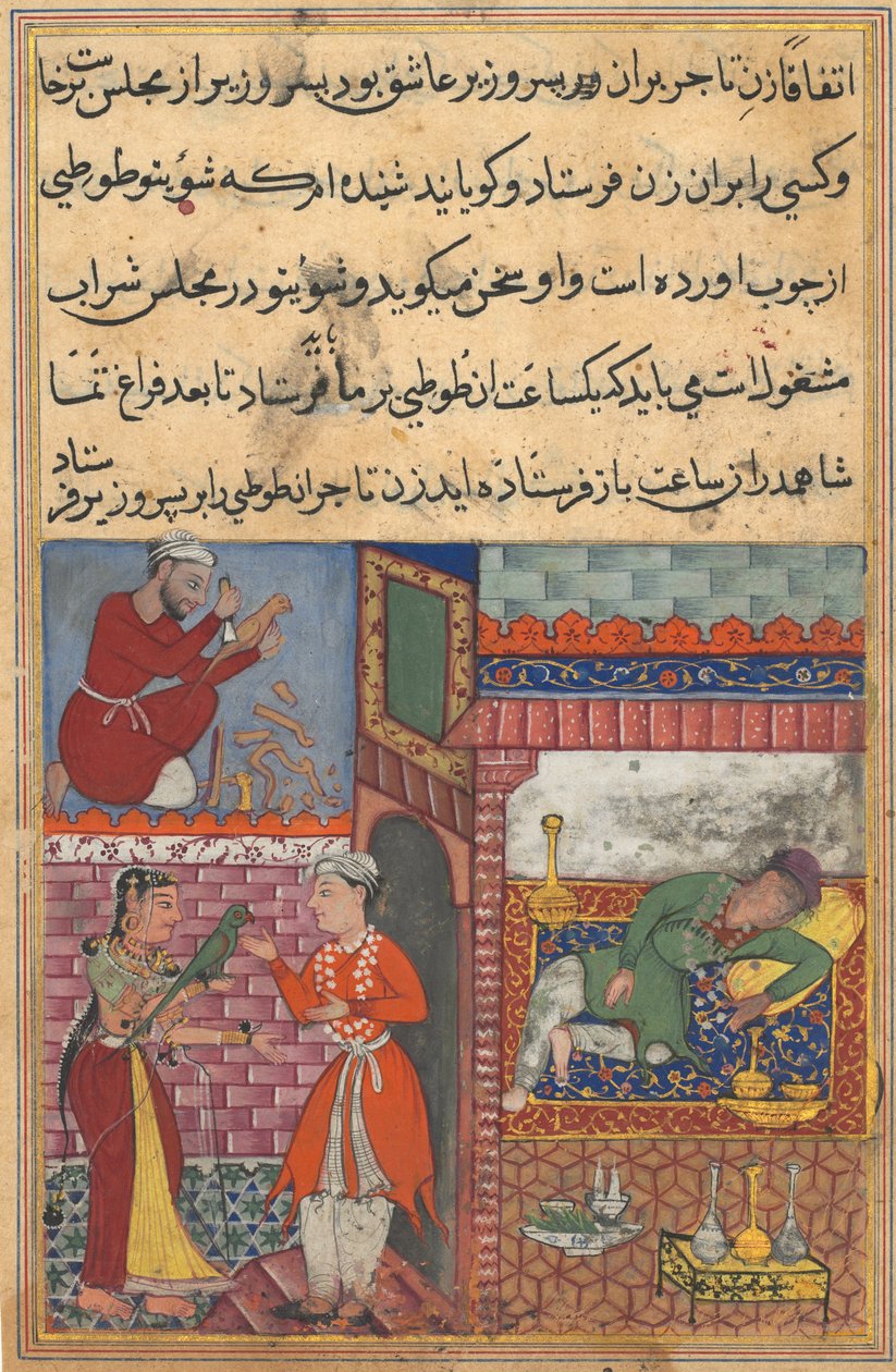 Sida från Tales of a Parrot Tuti-nama: Tionde natten: Visirens son tar emot magin..., ca. 156 av Unbekannt