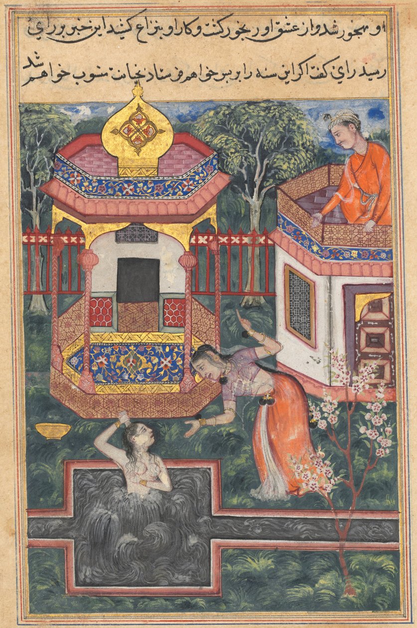 Sida från Tales of a Parrot Tuti-nama: Trettiofemte natten: Sonen till kungen av Babylon, ca. 156 av Unbekannt