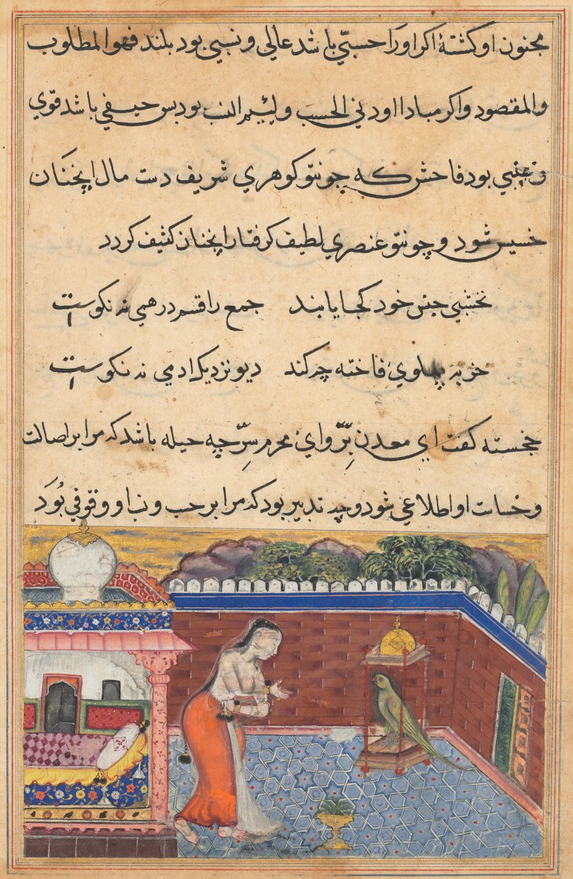 Sida från Tales of a Parrot Tuti-nama: Trettioförsta natten: Papegojan..., 1558-1560. av Unbekannt