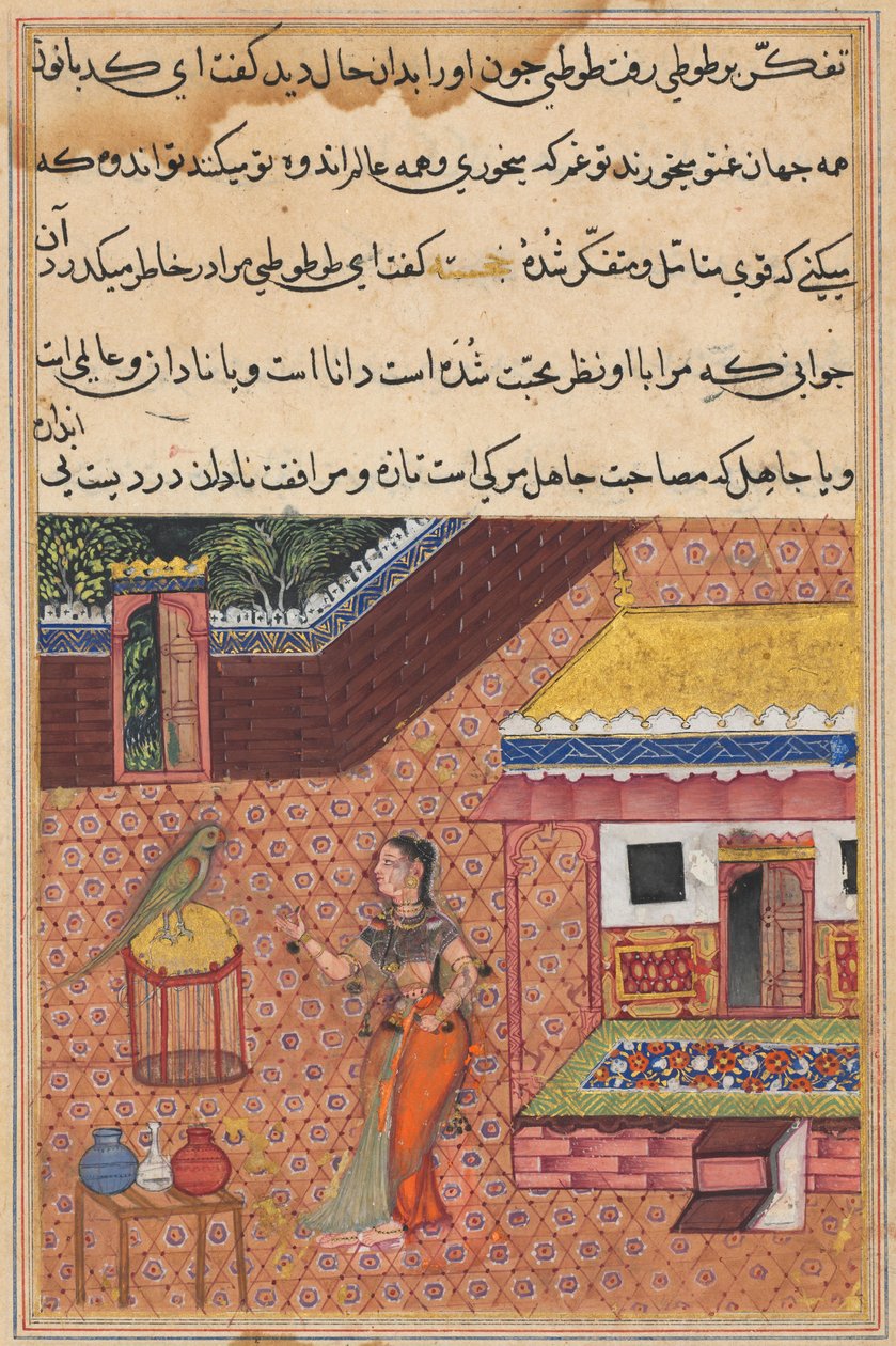 Sida från Tales of a Parrot Tuti-nama: Trettiofjärde natten: Papegojan tilltalar Khujasta..., ca. 1 av Unbekannt