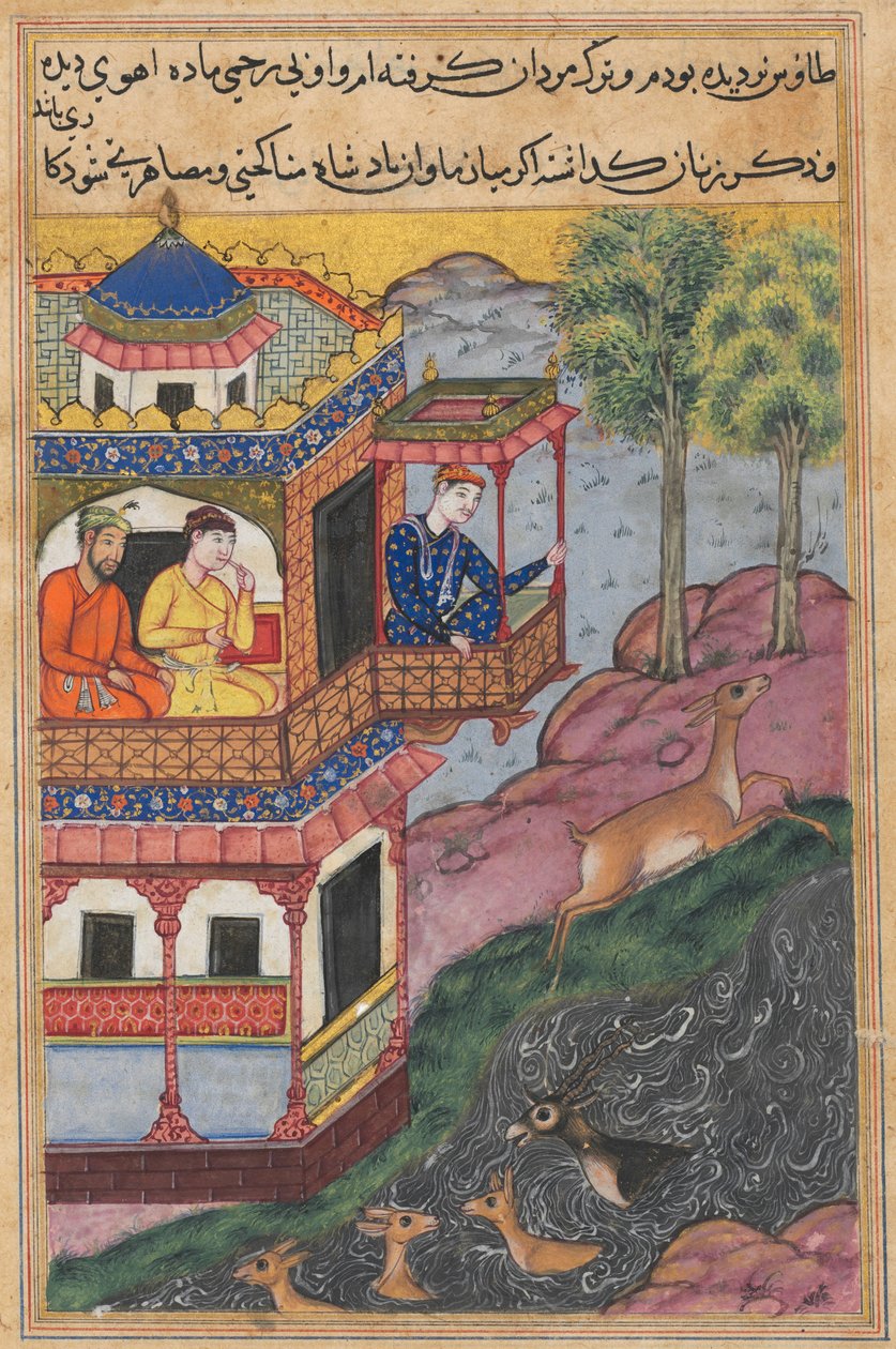 Sida från Tales of a Parrot Tuti-nama: Trettionionde natten: Målningen gjord av..., ca. 1560. av Unbekannt
