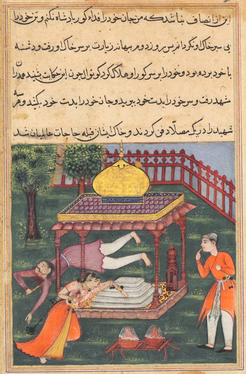 Sida från Tales of a Parrot Tuti-nama: Trettiosjätte natten: Mahrusa tar livet av sig..., ca. 1560. av Unbekannt